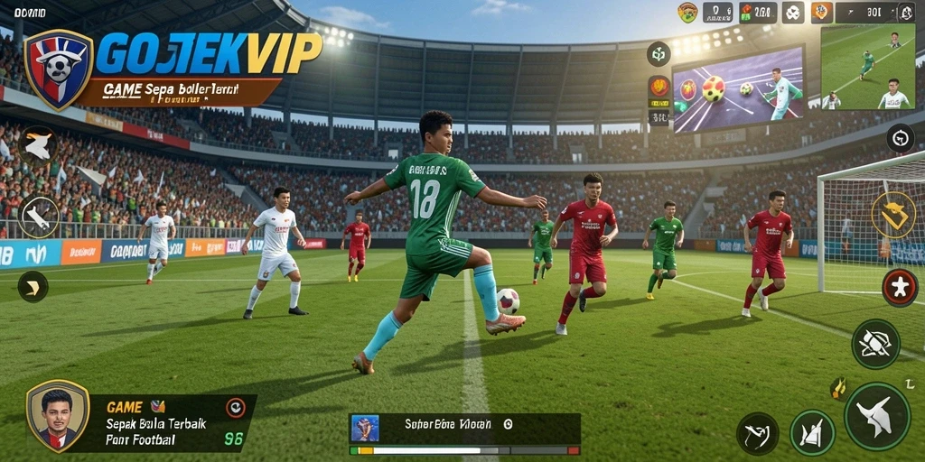 Screenshot utama GOJEKVIP menampilkan aksi permainan sepak bola yang mendebarkan.