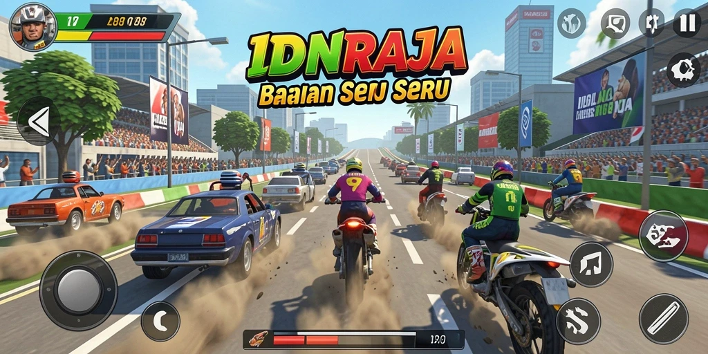 Tangkapan layar utama IDNRAJA menunjukkan aksi balap yang mendebarkan.