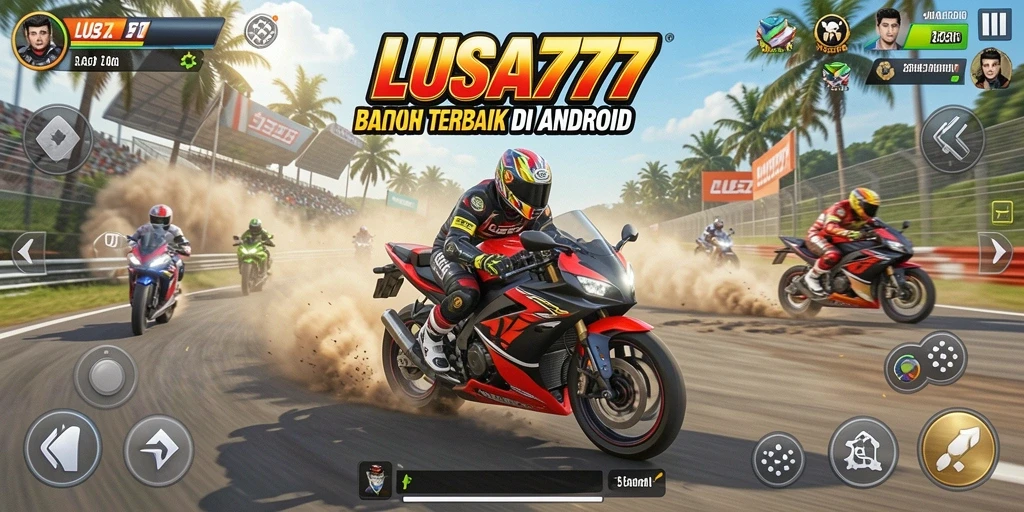 Tampilan gameplay LUSA777 dengan aksi balapan seru dan motor kencang.