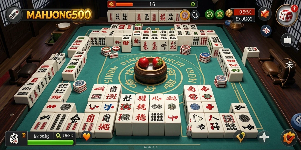 Tangkapan layar MAHJONG500 yang menunjukkan gameplay menarik dan fitur utilitas.
