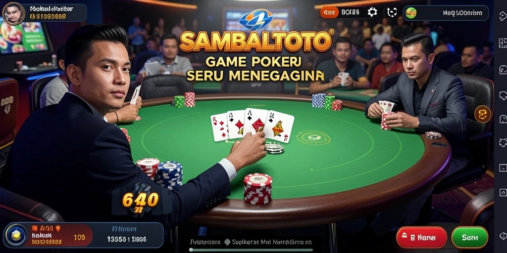 Screenshot gameplay SAMBALTOTO menunjukkan meja poker dengan pemain aktif dan interaksi yang seru.